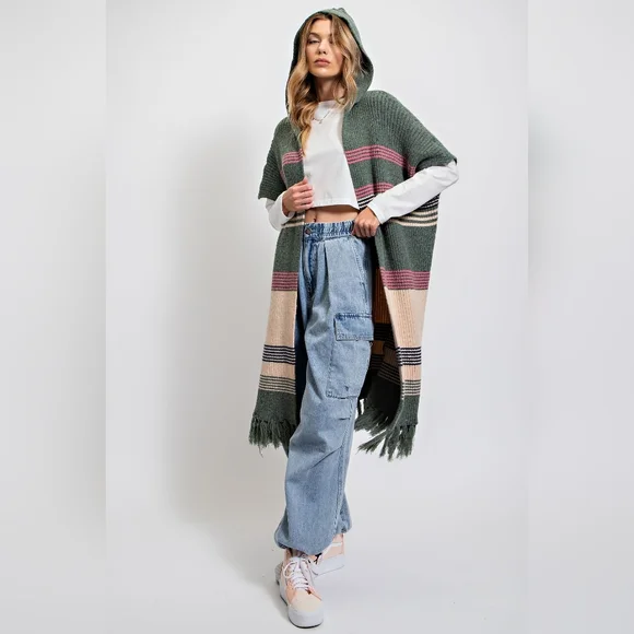 Easel Knit Sweater Kimono, open front, multicolor stripe with fringe, hood - Picture 2 of 5